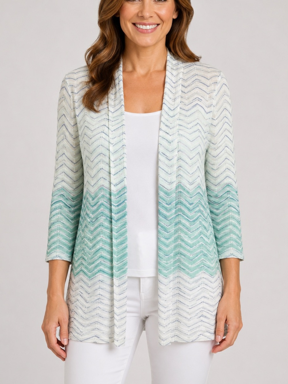 Chico’s Open Front Cardigan Sz. 0 Small Aqua White Chevron Stripe Coastal Resort